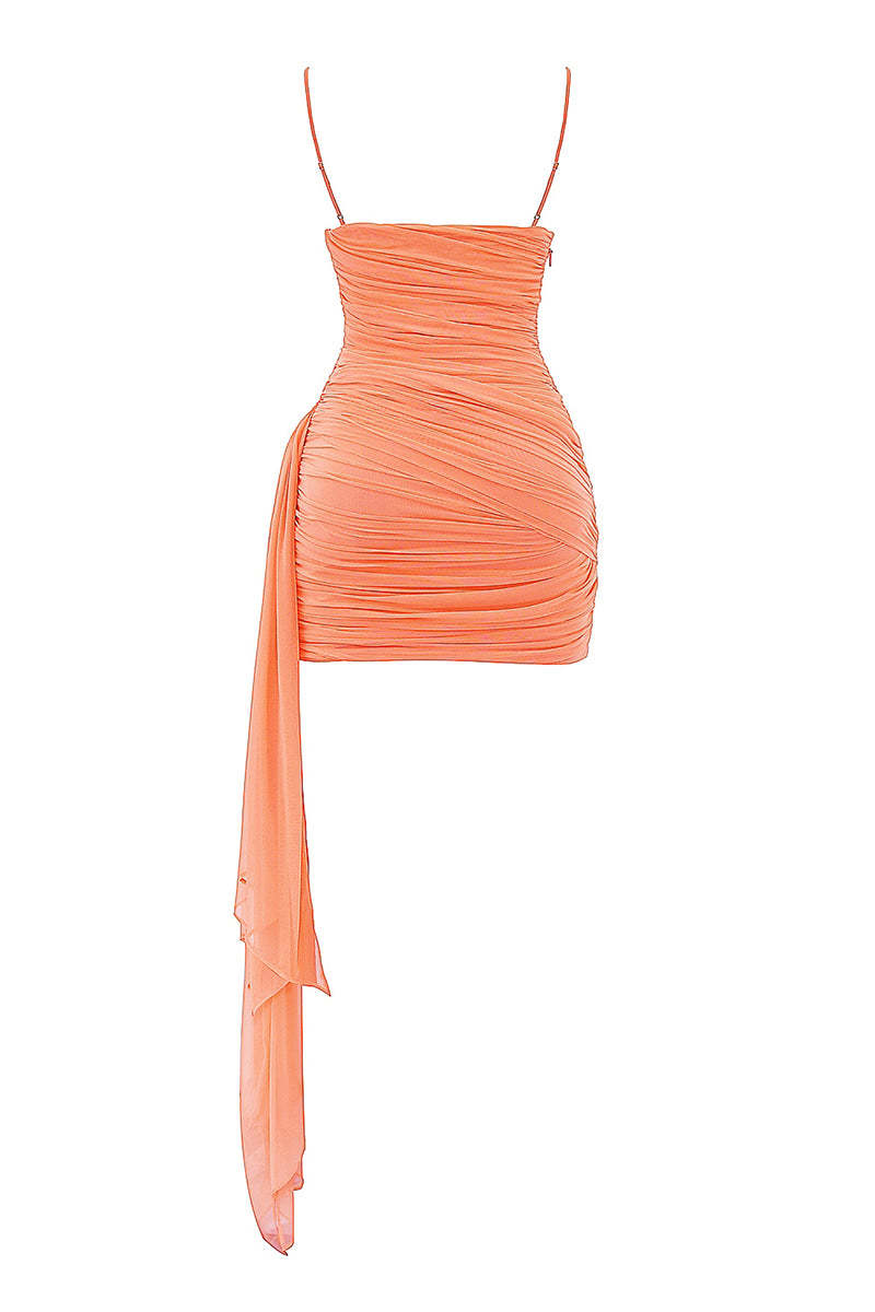 Spaghetti Strap Ruched Streamer Party Bodycon Mini Dresses-Coral Pre Order