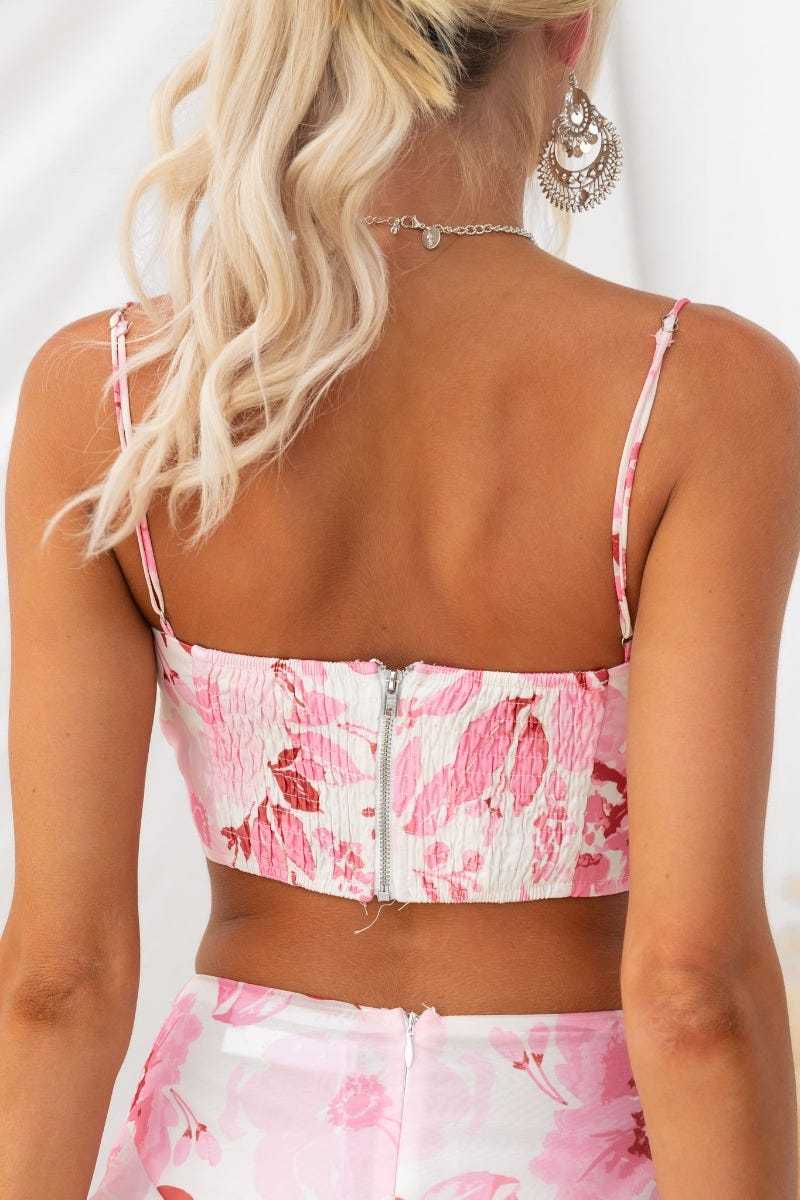 Floral Print Cami Crop Top Layered Maxi Skirt Matching Set-Pink