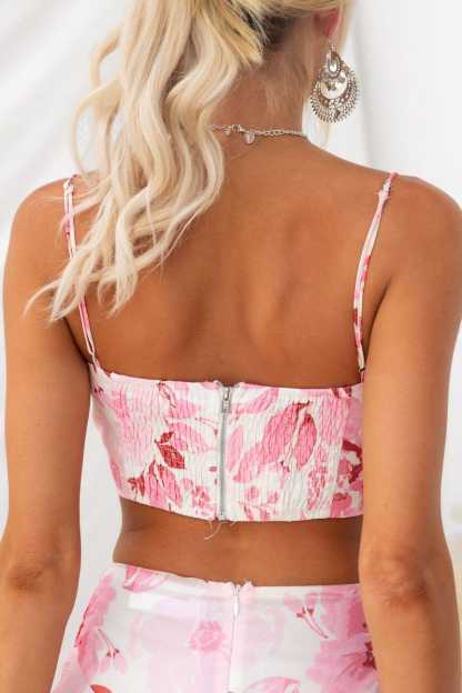 Floral Print Cami Crop Top Layered Maxi Skirt Matching Set-Pink