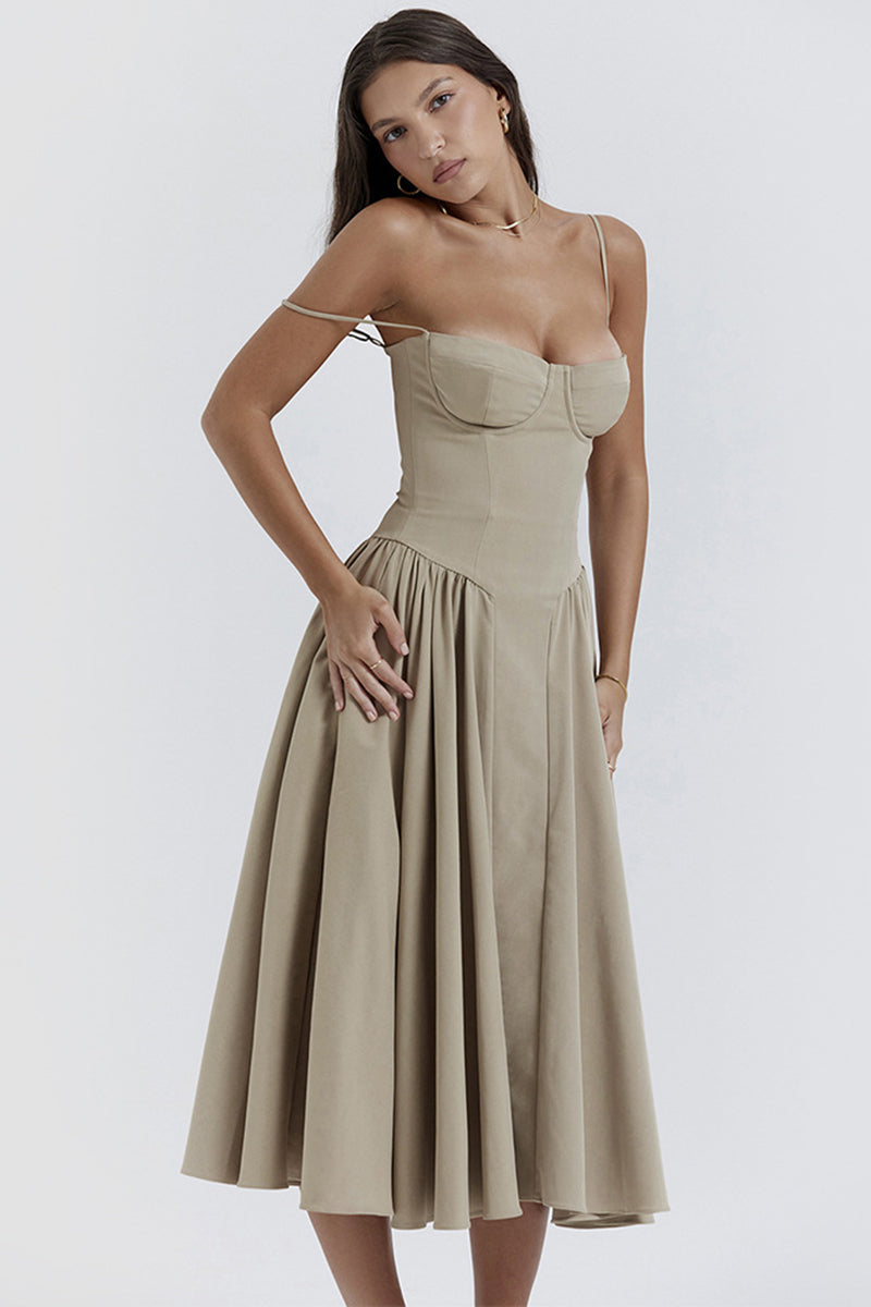 Elegant Cinch Waist Pleated Formal Party Slip Midi Dresses-Beige