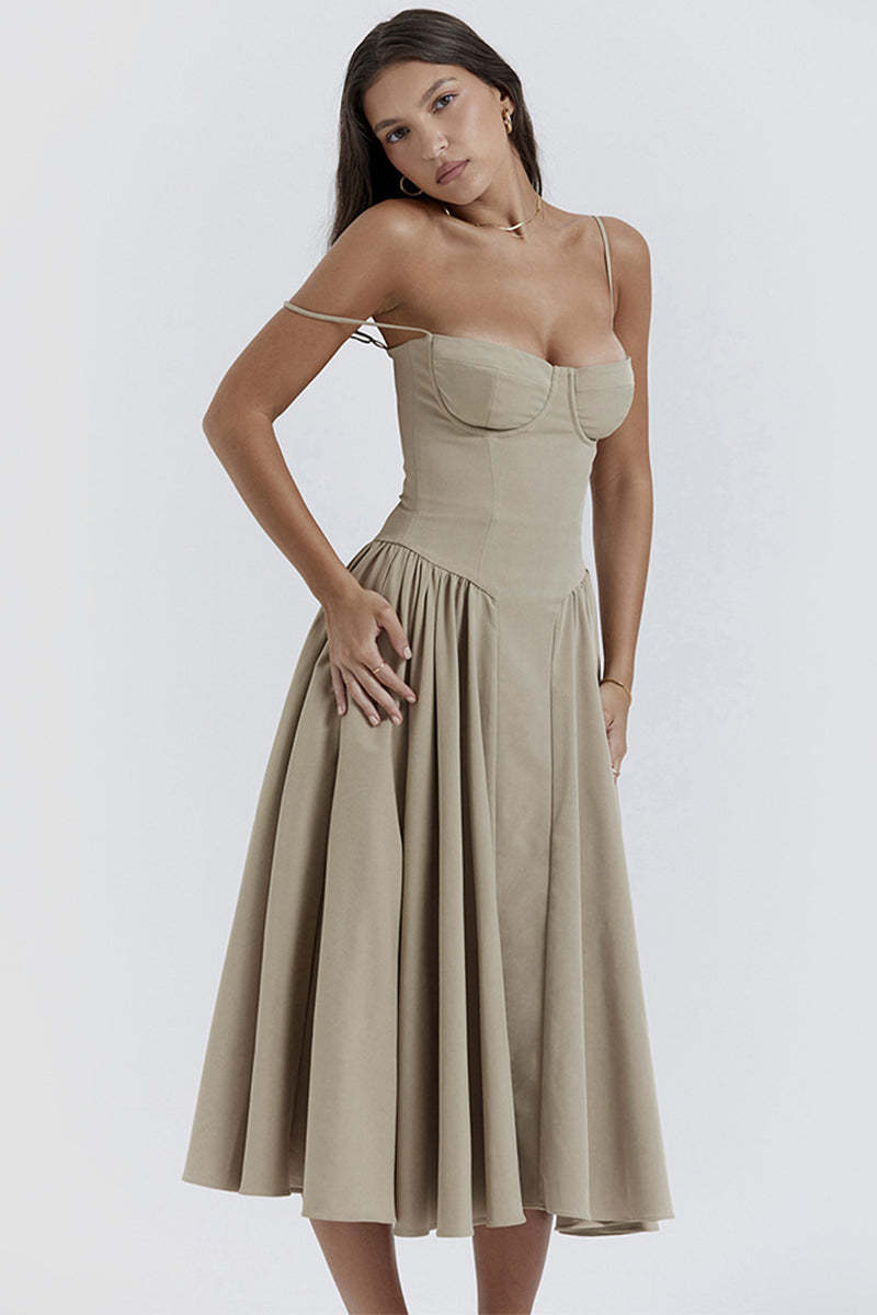 Elegant Cinch Waist Pleated Formal Party Slip Midi Dresses-Beige