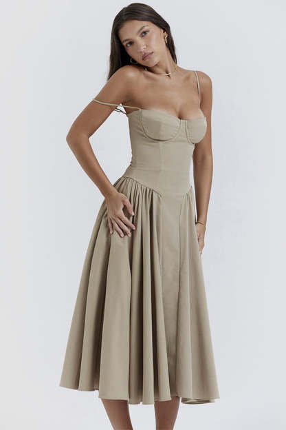 Elegant Cinch Waist Pleated Formal Party Slip Midi Dresses-Beige