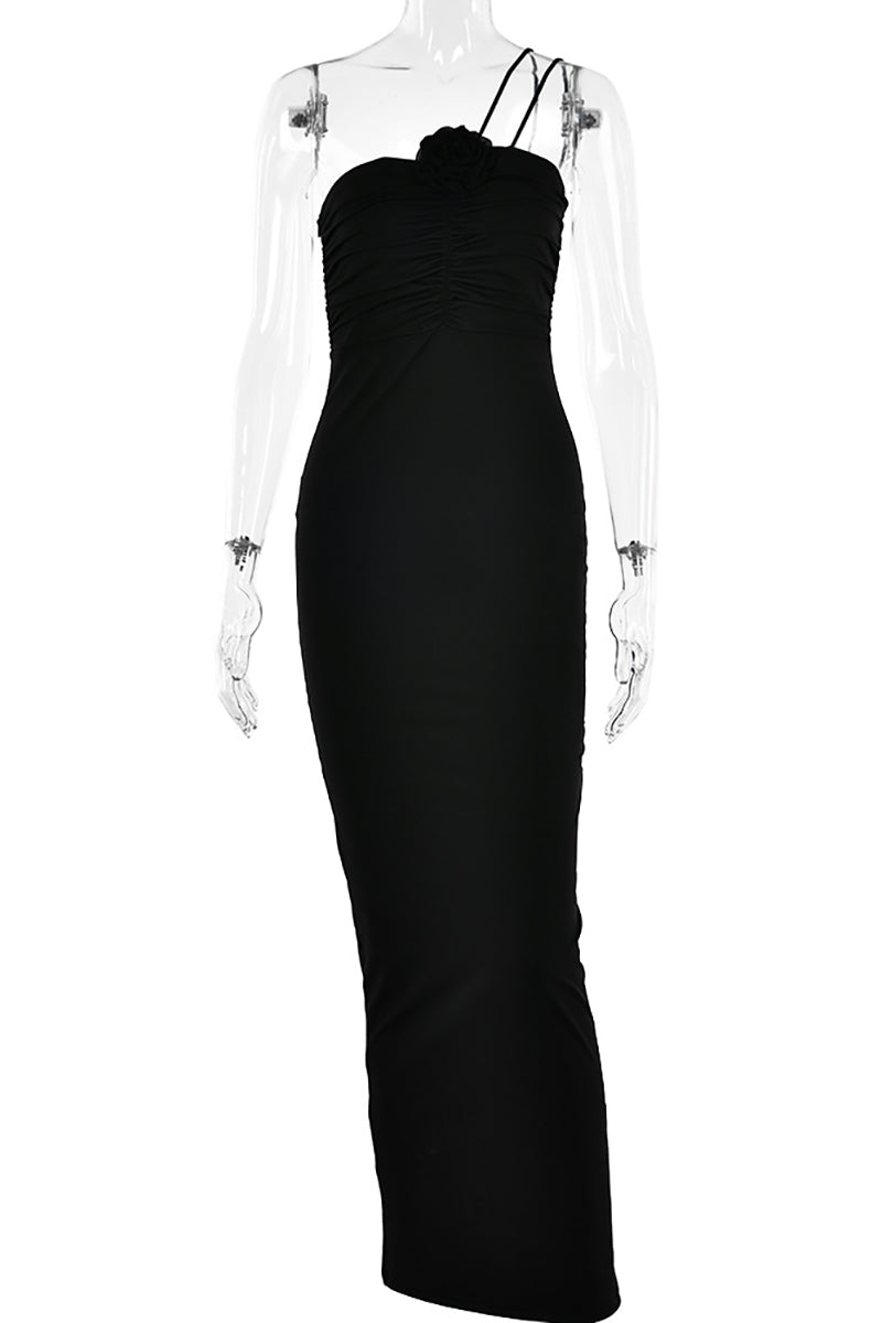 Cami 3D Flower Decor Ruched Backless One Shoulder Bodycon Wedding Guest Maxi Dresses