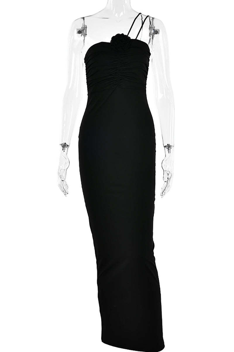 Cami 3D Flower Decor Ruched Backless One Shoulder Bodycon Wedding Guest Maxi Dresses