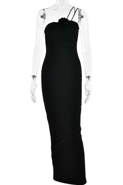 Cami 3D Flower Decor Ruched Backless One Shoulder Bodycon Wedding Guest Maxi Dresses