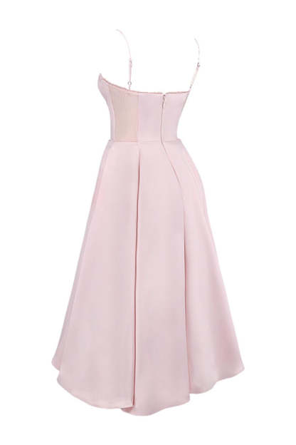 Elegant Cinch Waist Party Bridesmaid Tulle Layered Midi Slip Dresses-Pink