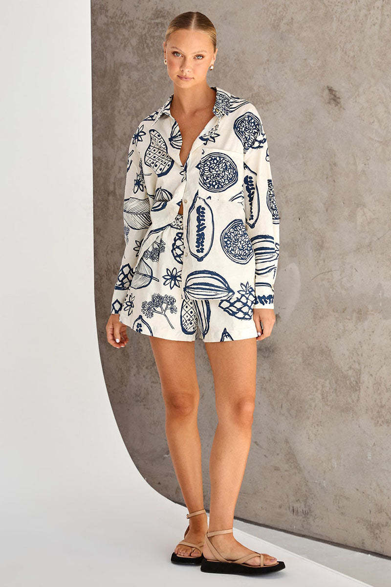 Floral Fruit Print Long Sleeve Shirt Casual Short Two Piece Set