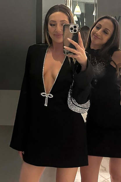 Rhinestone Bow Trim Deep V Neck Long Sleeve Mini Dresses-Black