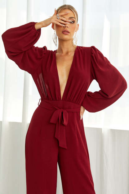 Deep V Neck Backless Wide Leg Jumpsuit