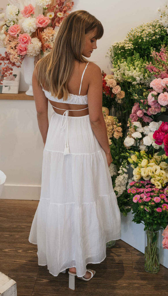 Tied Up Backless Ruched Tiered Pleated Slip Maxi Dress