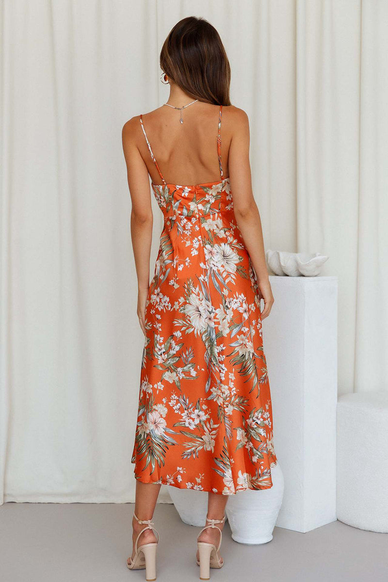 Vacation Cami Boat Neck Floral Print Slit Satin Vacation Midi Dress