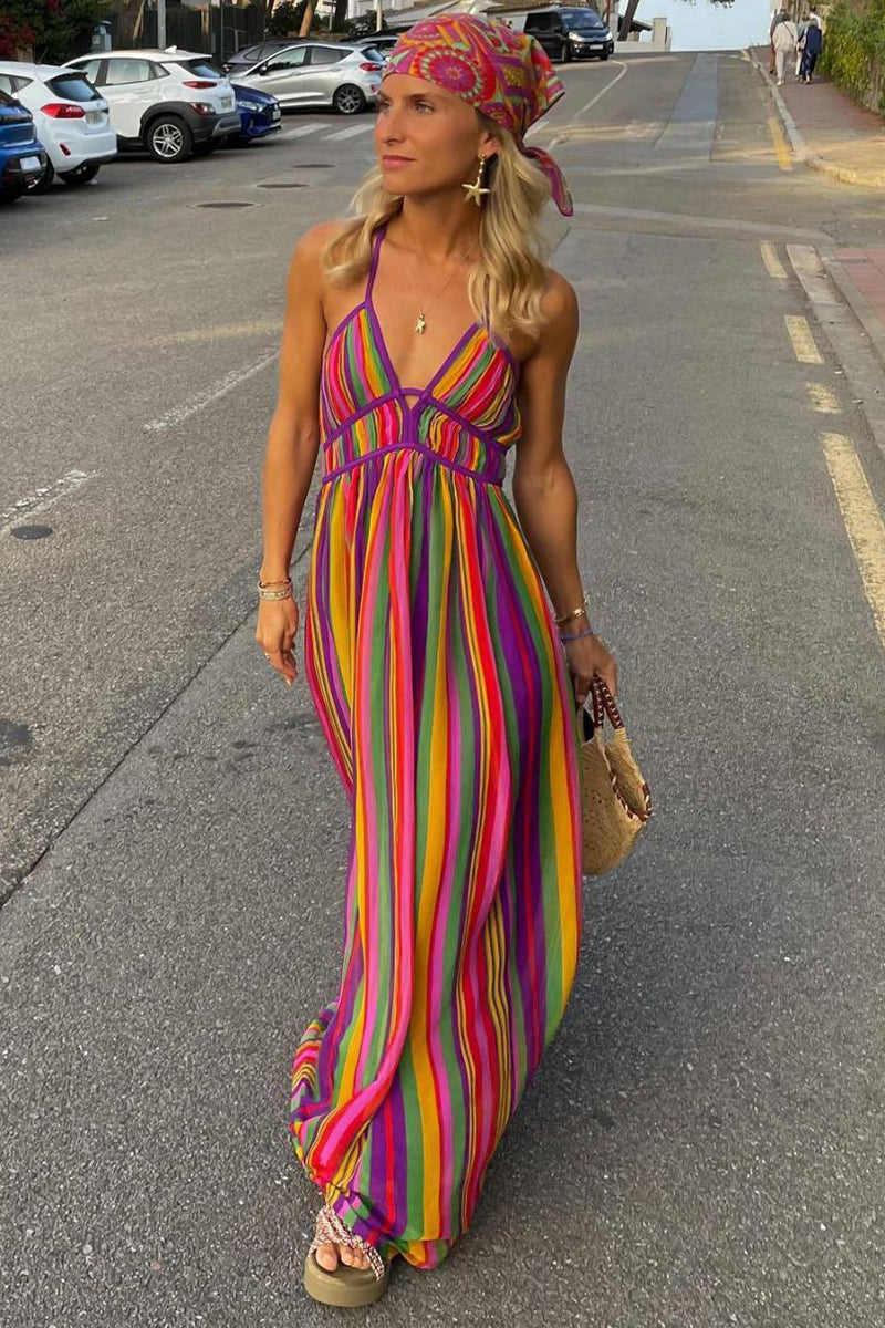 Striped Print Cross Halter Deep V Neck Maxi Dresses-Rainbow