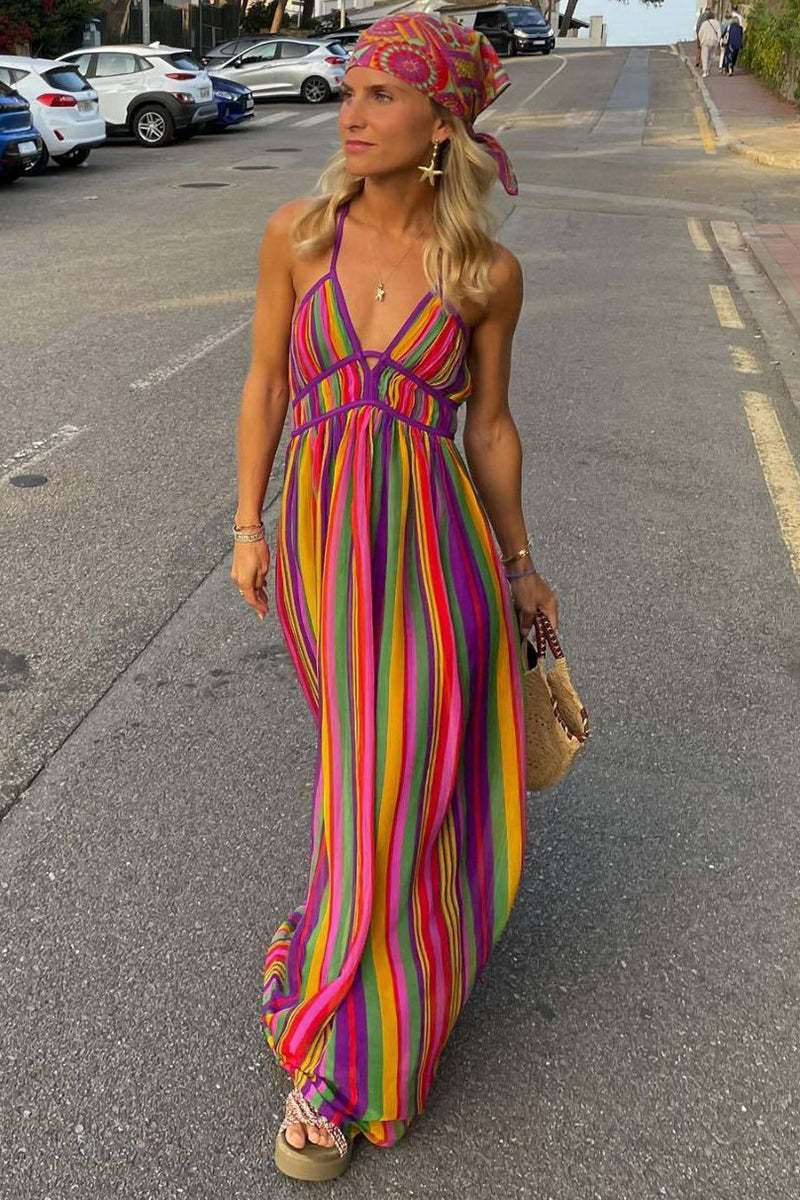 Striped Print Cross Halter Deep V Neck Maxi Dresses-Rainbow