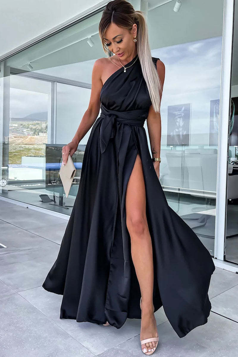 Deep V Neck Wrap Strap High Slit Satin Formal Party Maxi Dress