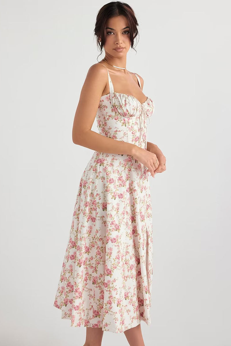 Tied Up Lace Up Floral Print Slit A-Line Vacation Slip Midi Dress