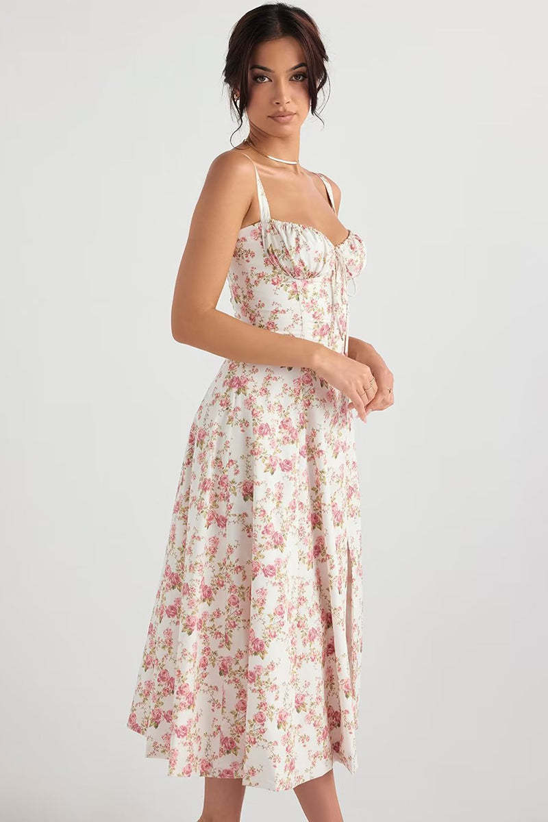 Tied Up Lace Up Floral Print Slit A-Line Vacation Slip Midi Dress