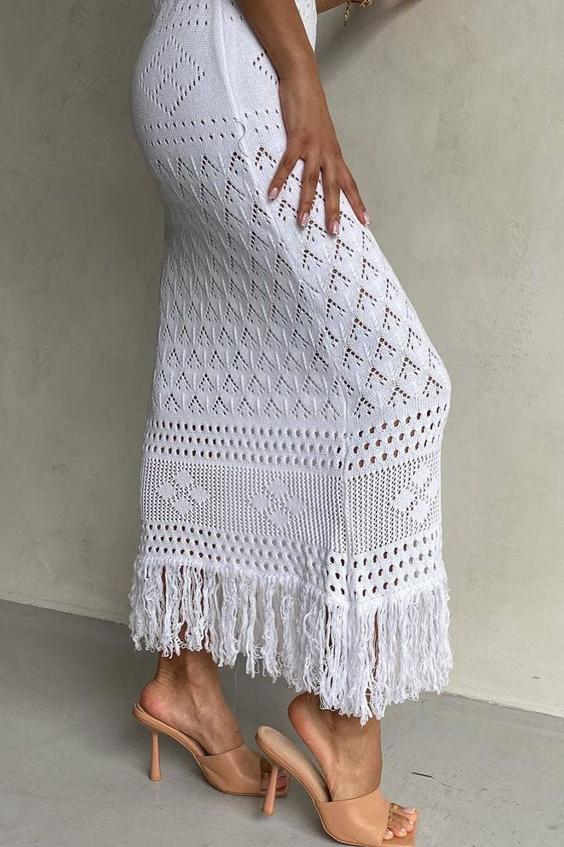 Off Shoulder Hollow Out Boho Knit Fringe Hem Vacation Maxi Dresses-White