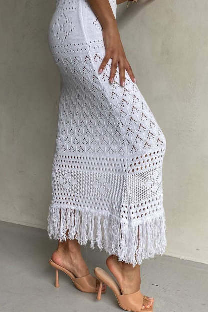 Off Shoulder Hollow Out Boho Knit Fringe Hem Vacation Maxi Dresses-White