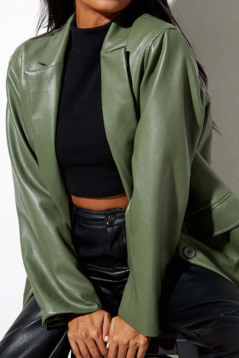 Faux Leather Casual Long Sleeve Blazer Coat