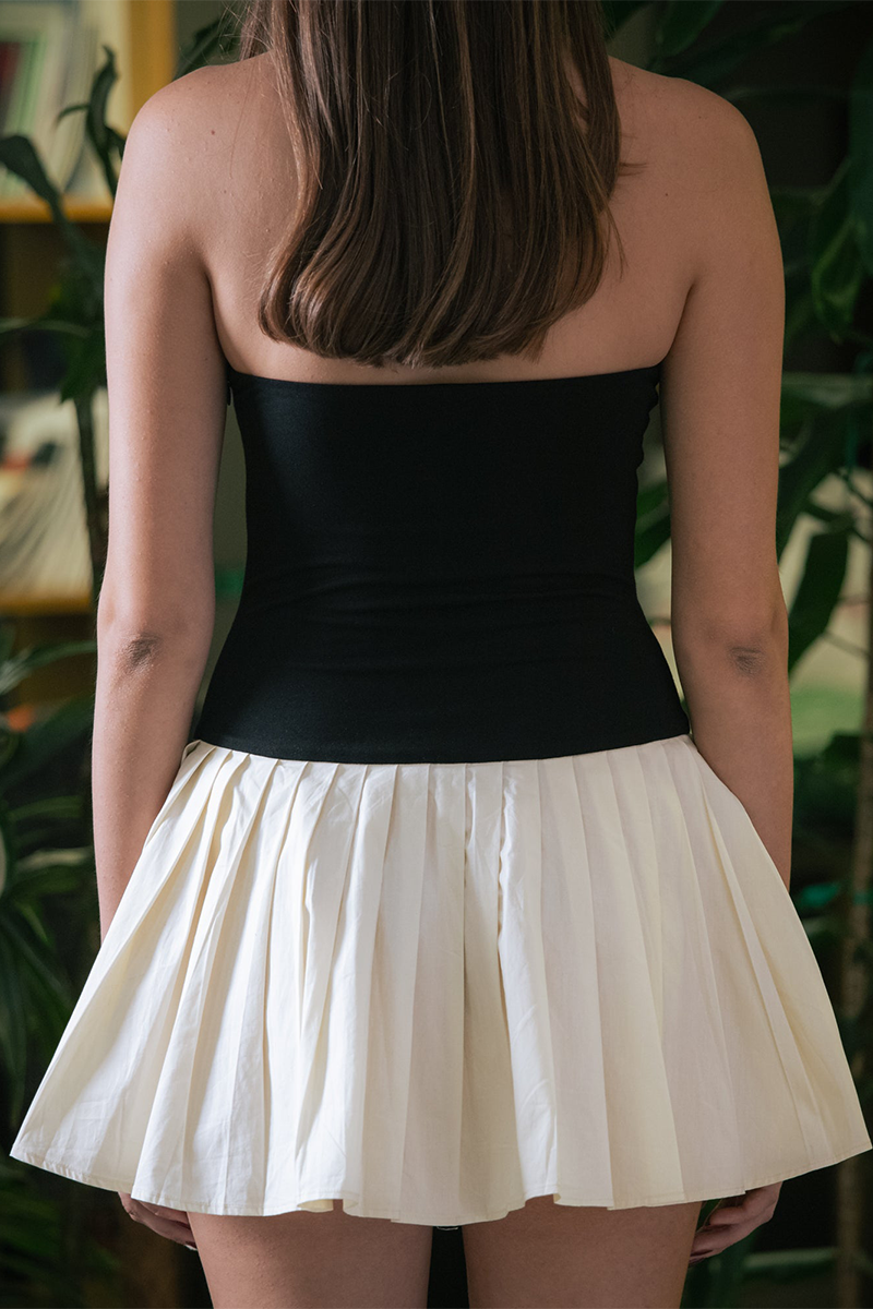 Colorblock Cinch Waist Pleated Hem Strapless Mini Dresses-Black