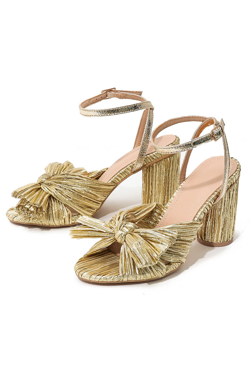 Pleated Bow Ankle Strap Chunky High Heel Sandals