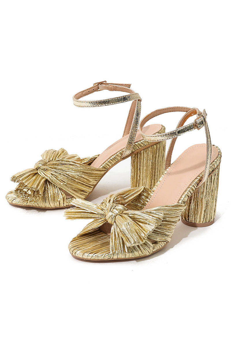 Pleated Bow Ankle Strap Chunky High Heel Sandals