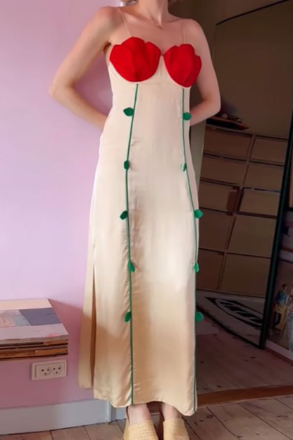 Colorblock Slim Fit Spaghetti Strap Maxi Dresses-Beige