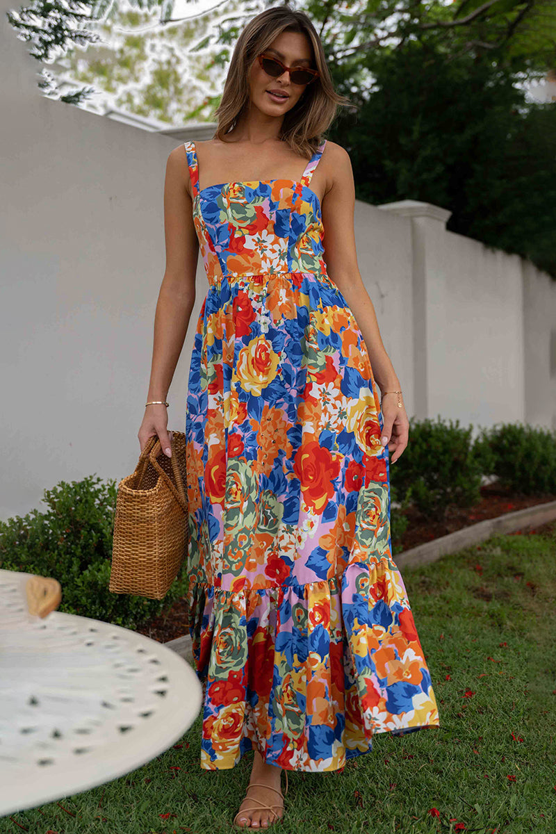 Square Neck Sleeveless Floral Print Pleated Vacation Maxi Dresses