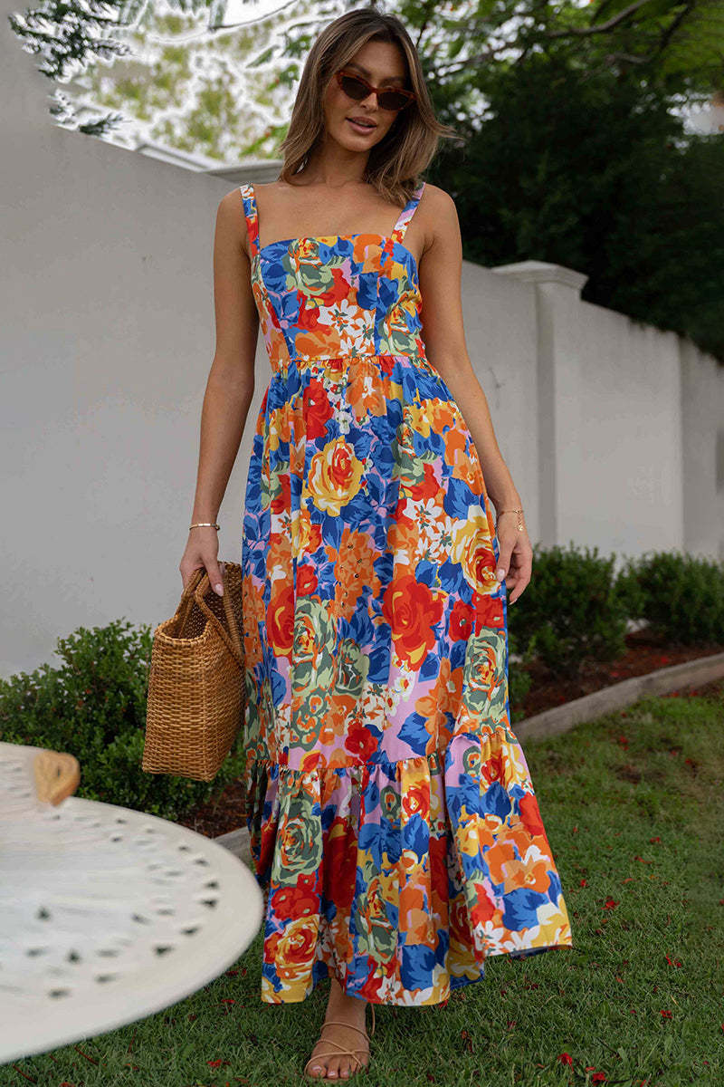 Square Neck Sleeveless Floral Print Pleated Vacation Maxi Dresses