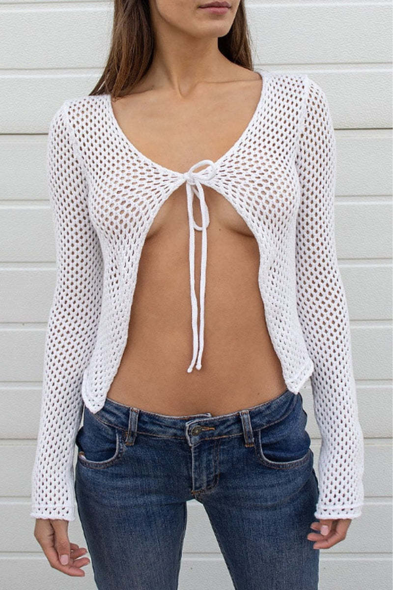 Hollow Out Tied Up Front Long Sleeve Knit Cardigan-White