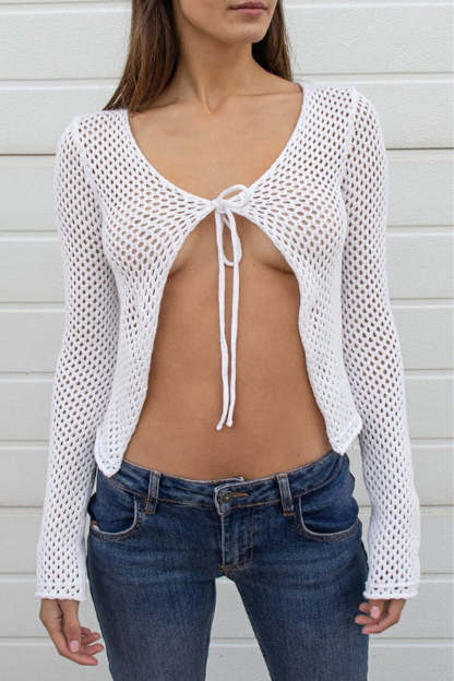 Hollow Out Tied Up Front Long Sleeve Knit Cardigan-White