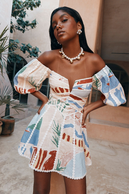 Painting Print Off Shoulder Puff Sleeve A-Line Mini Dresses-Beige