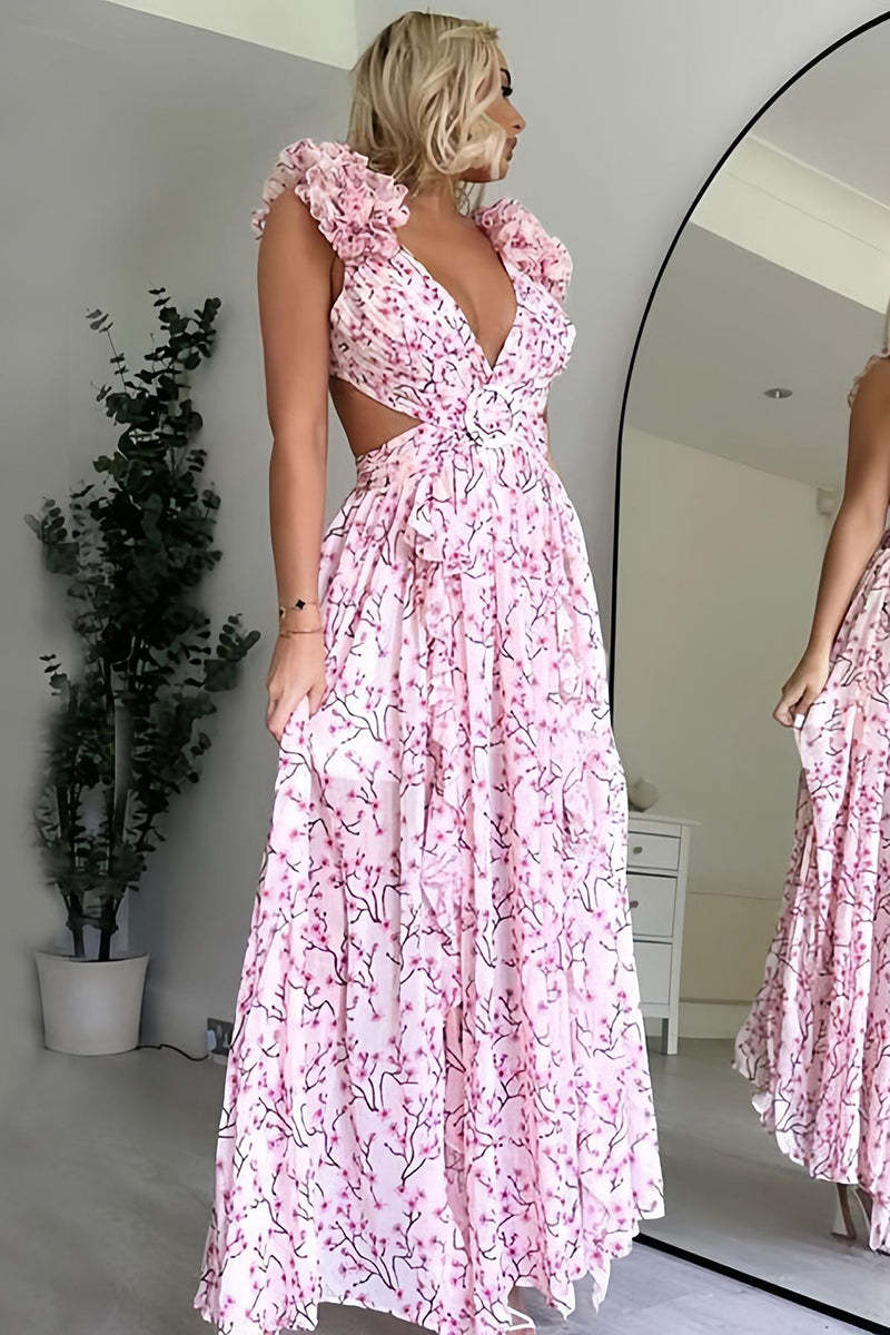 Deep V Neck Slim Ruffled Shoulder Backless Tied Up Cutout Floral Print Vacation Maxi Dresses