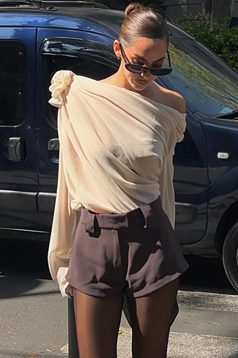 Sloping Shoulder 3D Flower Decor Long Sleeve Mesh Ruched Top-Beige