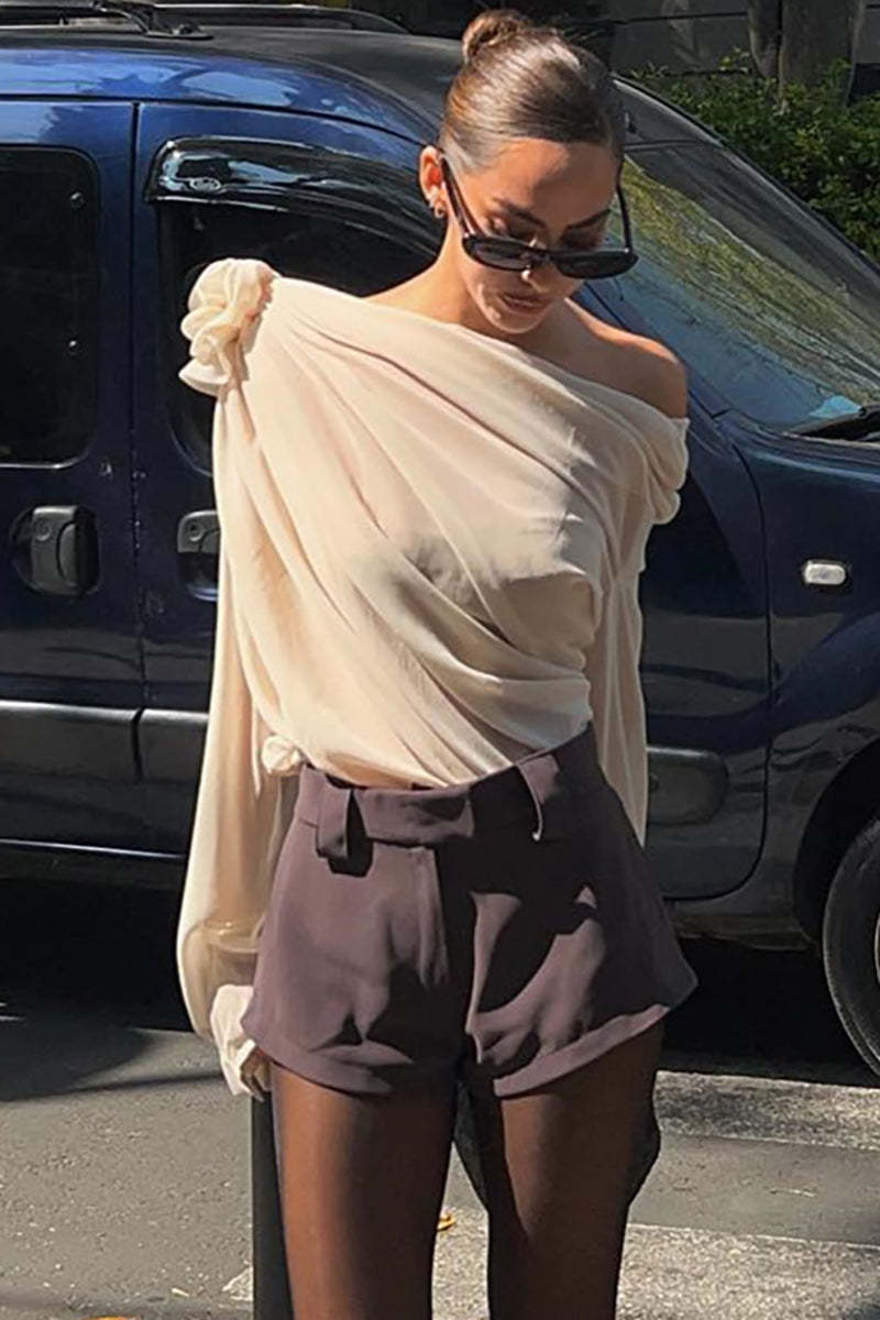 Sloping Shoulder 3D Flower Decor Long Sleeve Mesh Ruched Top-Beige