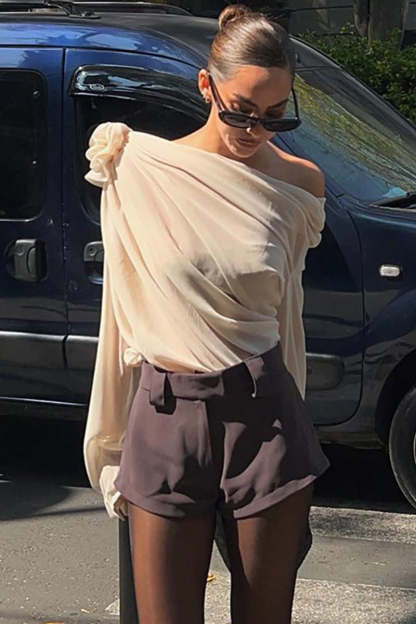 Sloping Shoulder 3D Flower Decor Long Sleeve Mesh Ruched Top-Beige