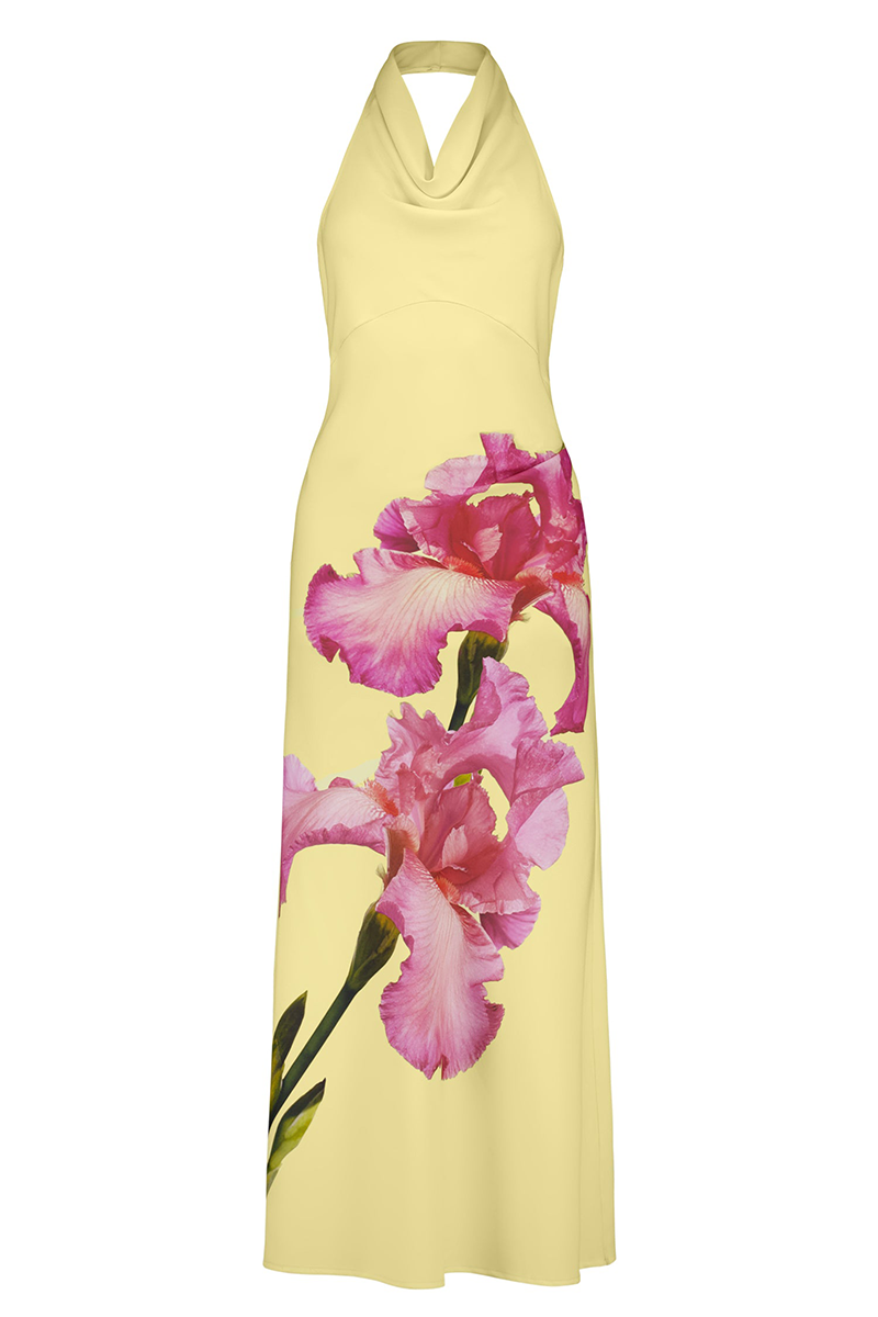 Floral Print Cowl Neck Backless Slim Fit Maxi Dresses-Yellow