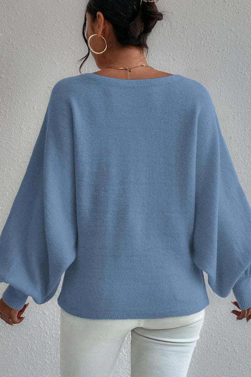 Knit Pattern Print Balloon Sleeve Sweater-Blue