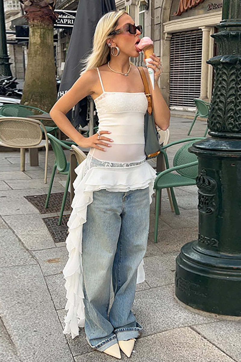Ruffled Sash Lace Patchwork Spaghetti Strap Slim Fit Irregular Top-White