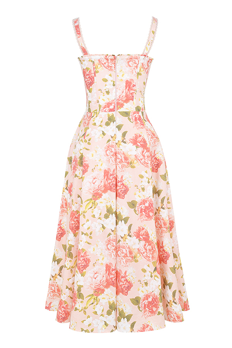 Floral Print Front Tie Up Corset A-Line Garden Party Slip Midi Dresses-Pink