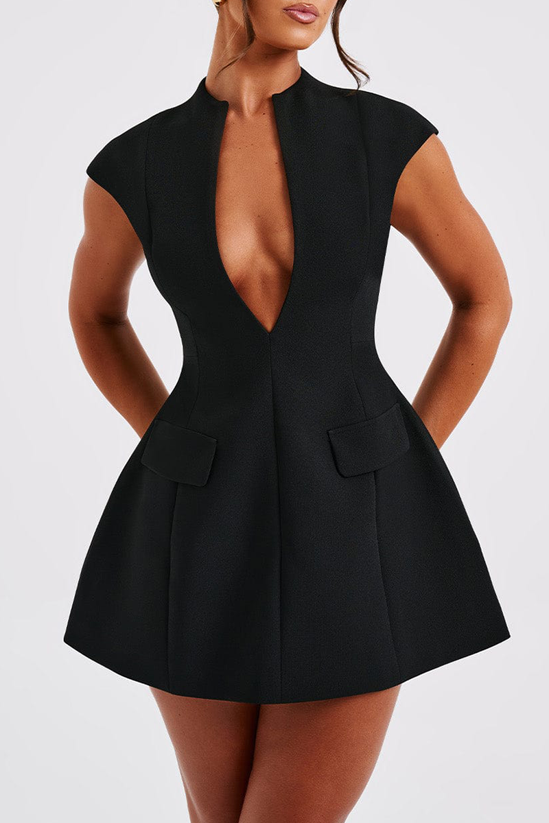 Deep V Neck Short Sleeve A-Line Bubble Shaped Hem Mini Dresses-Black