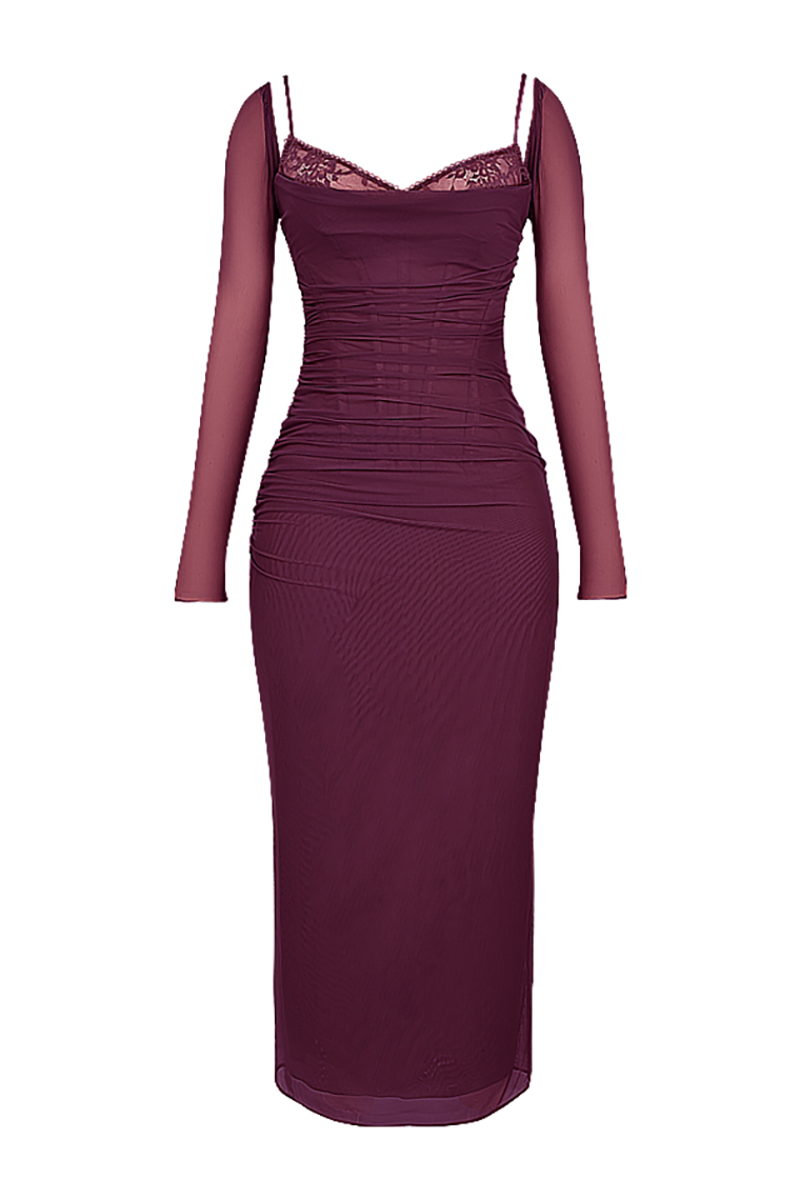 Lace Trim Corset Long Sleeve Bodycon Back Slit Maxi Dresses-Burgundy