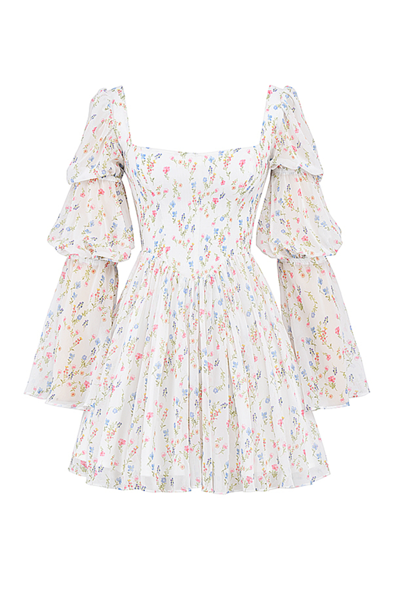 Square Neck Tiered Puff Sleeve Corset Ditsy Floral Print A-Line Mini Dresses-White