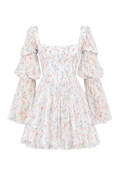 Square Neck Tiered Puff Sleeve Corset Ditsy Floral Print A-Line Mini Dresses-White