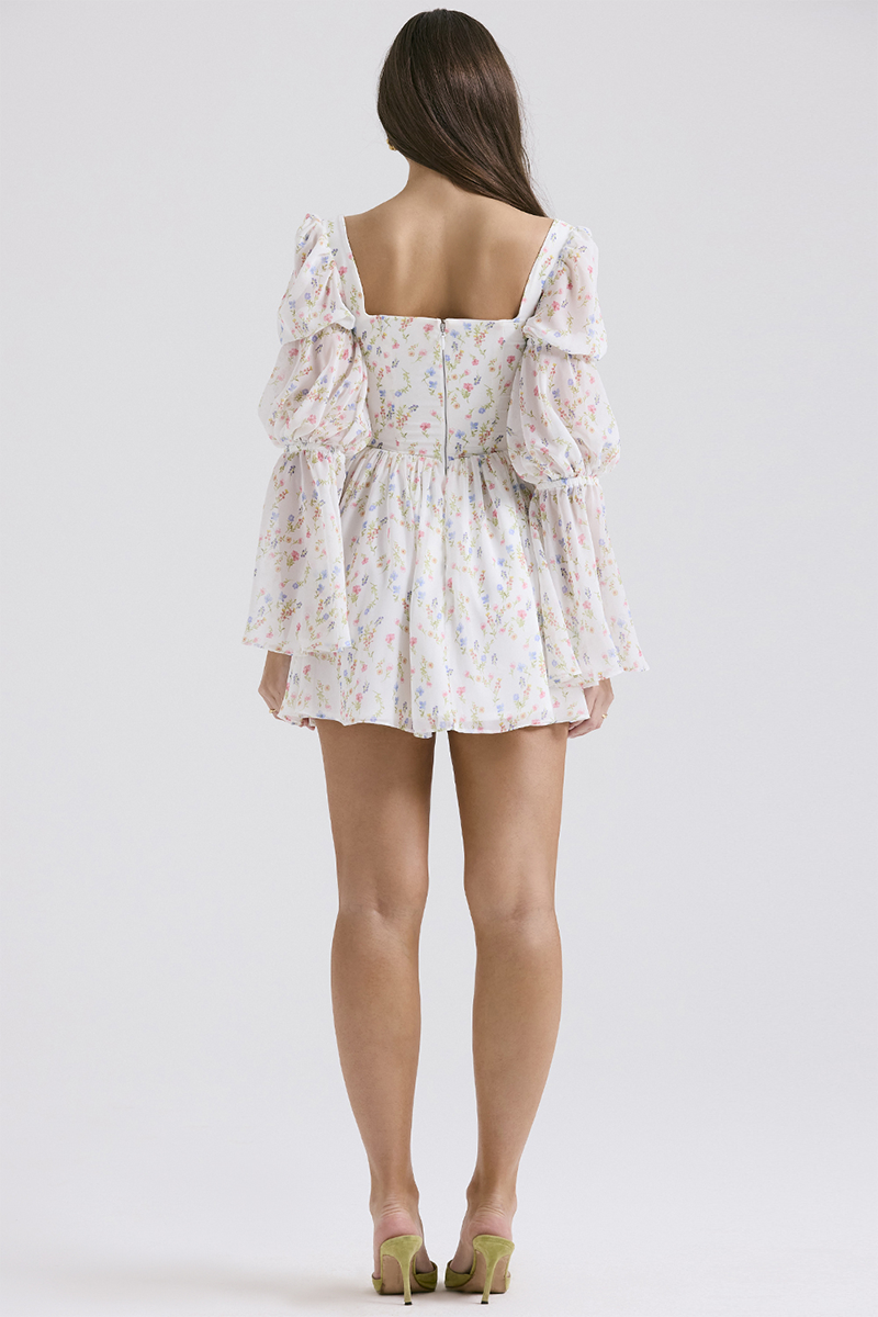 Square Neck Tiered Puff Sleeve Corset Ditsy Floral Print A-Line Mini Dresses-White