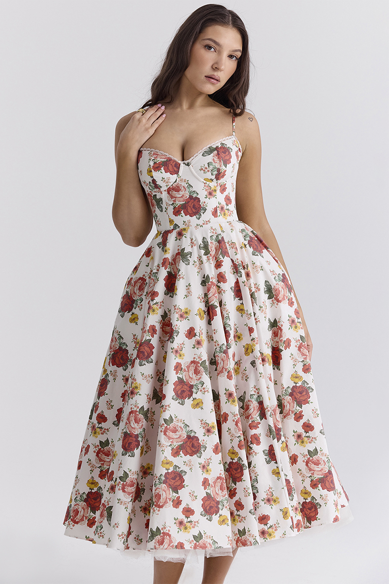 Floral Print Corset Spaghetti Strap Midi Dresses-White