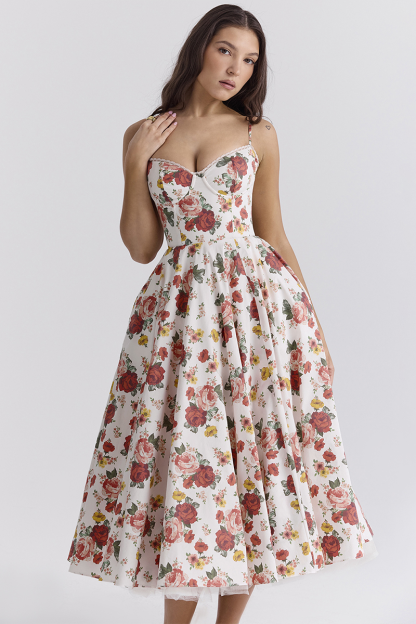 Floral Print Corset Spaghetti Strap Midi Dresses-White