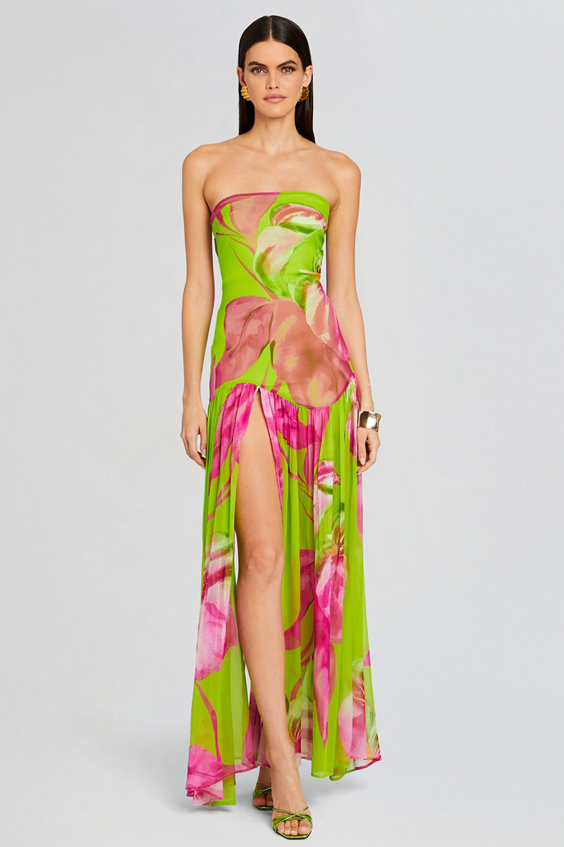 Floral Print Slim Fit High Slit Vacation Maxi Tube Dresses-Green