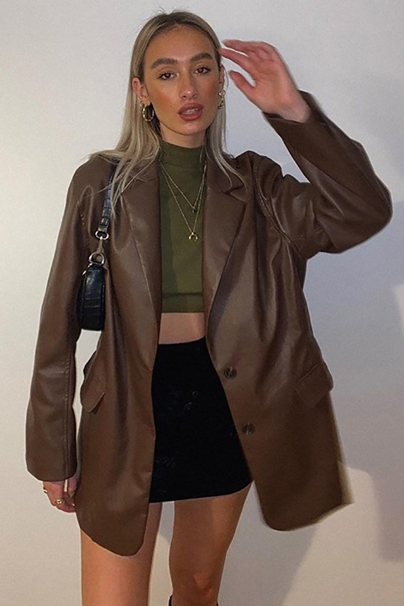 Faux Leather Casual Long Sleeve Blazer Coat