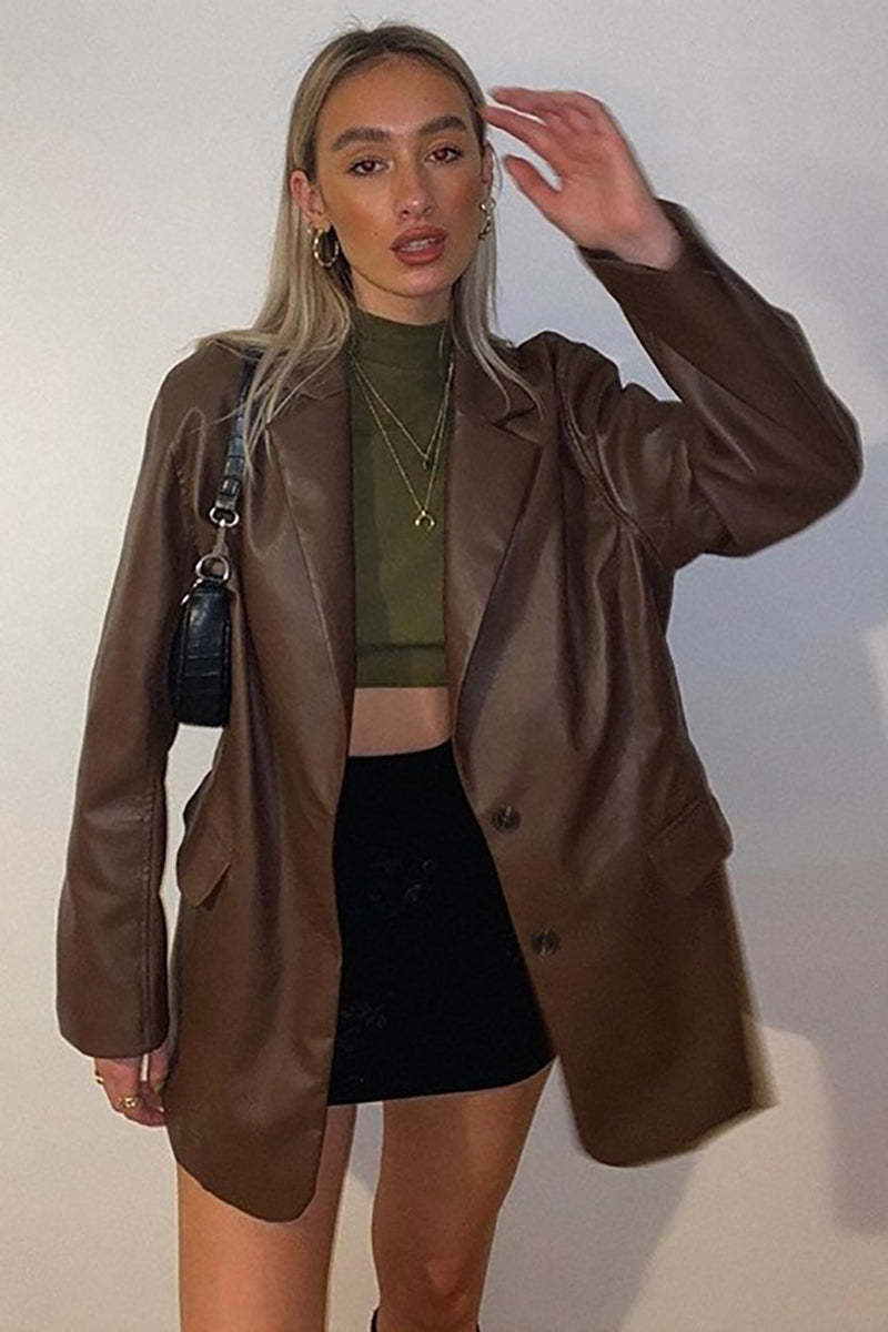 Faux Leather Casual Long Sleeve Blazer Coat